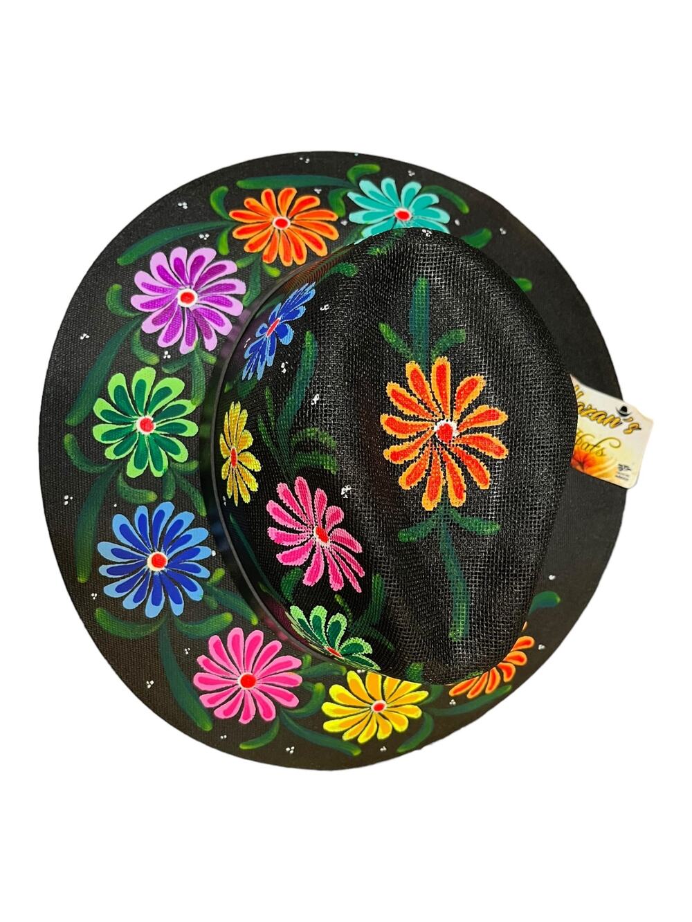 HAT MEXICAN Artisanal Hand Painted Fedora Floral Sombrero Panama Bohemian Black
